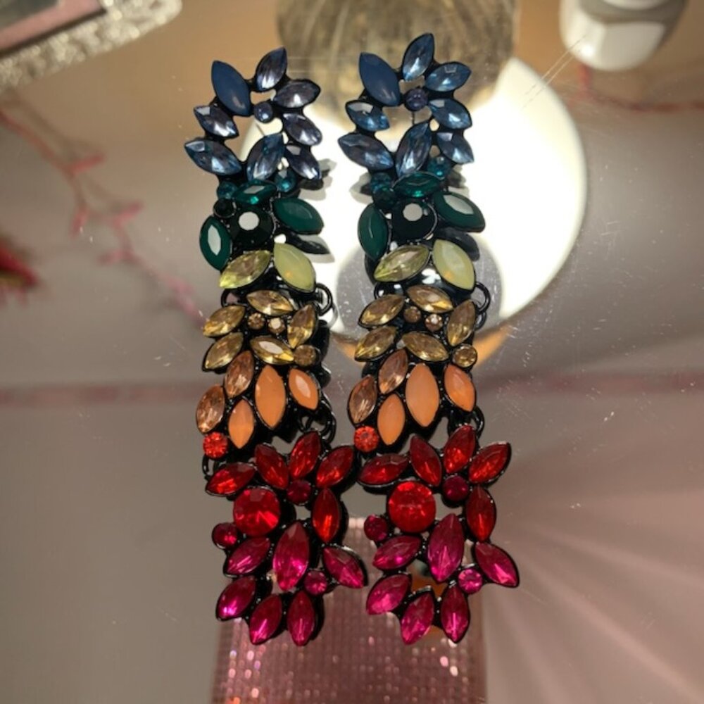 Long Embellished/Rhinestoned Colorful Rainbow Chandelier Earrings